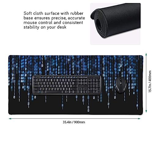 Grand tapis de souris de jeu Blue Binary Matrix antidérapant 40x90 cm - 3