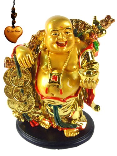 5.5" Feng Shui Golden Laughing Happy Buddha Statue Holding Ingot,