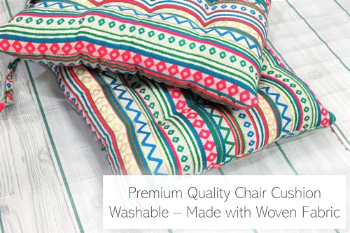 Image of Pack of 2 Washable Reversible Woven Boho Green Seat Cushions with Micro Fiber Filler & Ties for Chair, Floor Sitting, Pooja, Dining Table, Outdoor, Size 16 x 16 Inches | 40 x 40 cm