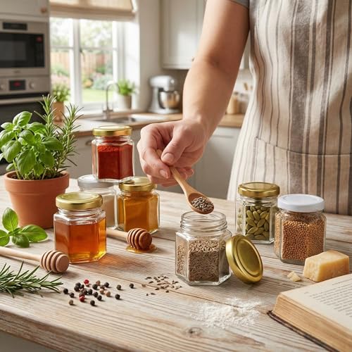 Image of Cute Hexagonal 50 grams Airtight Glass Jar Containers for Honey, Spices & other Kitchen Items with Rust Proof Gold & White Color Caps -Set of 06