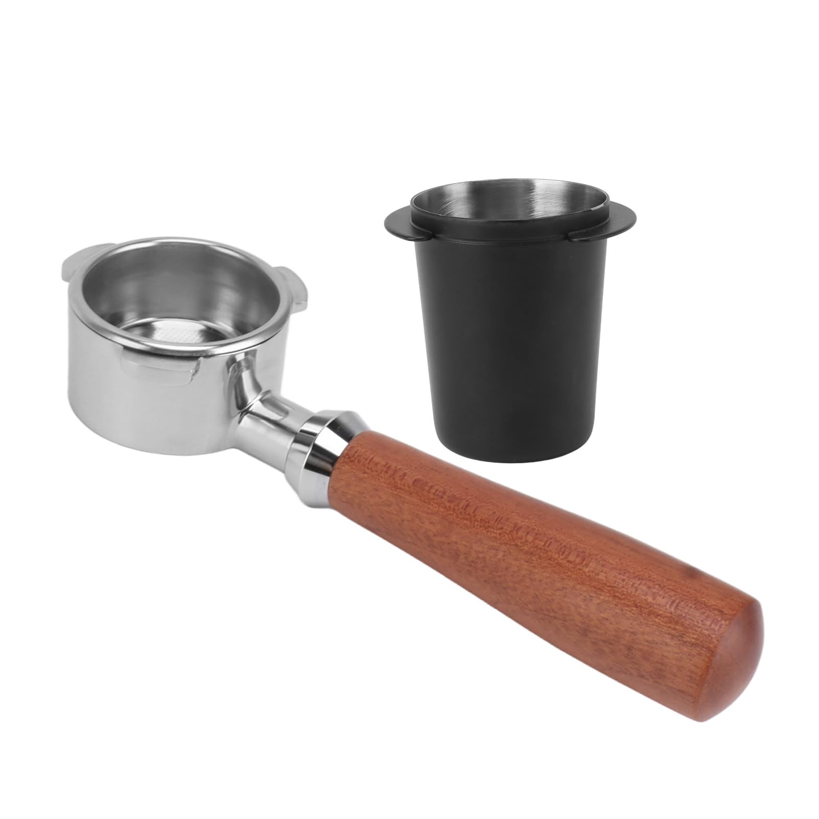 Porte-filtre sans fond en acier inoxydable avec récupérateur de poudre pour les amateurs de café, la maison et le bureau (noir)