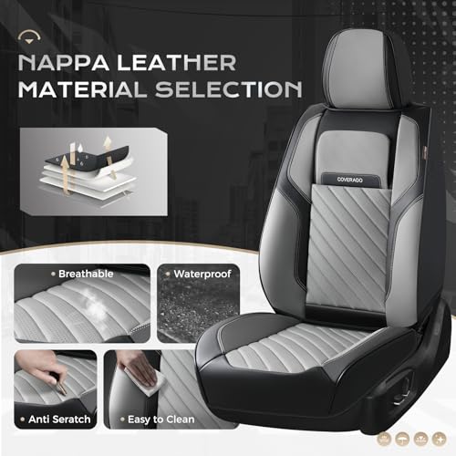 Image of Coverado Car Seat Covers Front Set, Luxury Nappa Leather Seat Covers Universal Fit Waterproof Non-Slip Breathable Automotive Seat Protectors for Cars, SUVs, Trucks