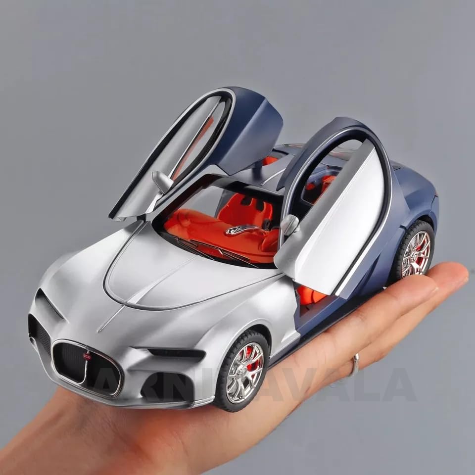 Image of Bugatti Atlantic 1:24 Diecast Scale Model Metal Pull Back Toy car for Kids with Openable Doors & Light, Music Toy Vehicle for Kids (Silver+Blue)