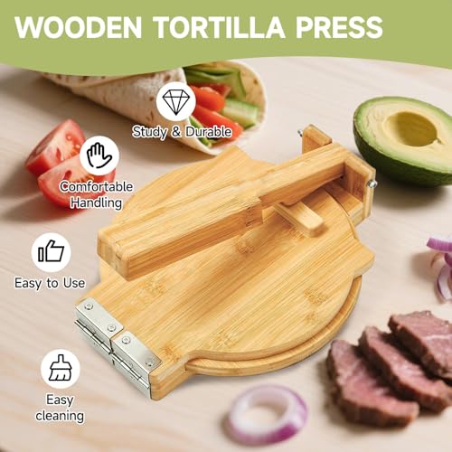 Image of Wooden Quesadilla Maker - Tortilla Press 10 Inch with 50 Parchment Paper & Dough Cutter, Bamboo Prensa para Tortillas Mexican Aplastador de Tortillera Press for Burritos, Taco, Roti, Corn Tortillas