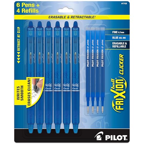 PILOT FriXion Erasable Pens Fine Point, 0.7 mm - for Rocketbook & Notebook, Pack of 6 Blue Erasable Gel Pens + 4 Bonus Refills