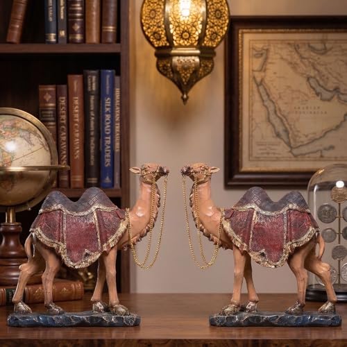 Image of Kuber Industries Set of 2 Camel Figurines Idol for Giffting Item | 7x9 Inch Resin Camel Showpiece for Home Decor, Office Table & Shelf Decoration | Brown