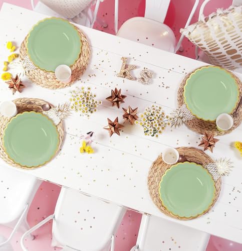 Image of HEIPINIUYE 50 Pieces Sage Green Paper Plates with Gold Foil 9 Inch Disposable Sage Scalloped Dinner Plates for Wedding Baby Shower Birthday Party Dessert Plate