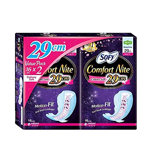 SOFY Comfort Nite Cottony Soft Night Use Slim Sanitary Pad 29cm with Wing 16 Pcs x 2 Packs