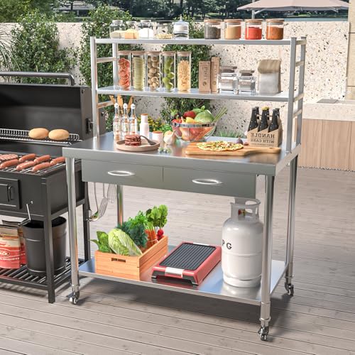 Image of Stainless Steel Table with Drawer & Shelf, 48 inchx24 inch Kitchen Prep Table | Heavy Duty Commercial Work Table, Kitchen Island Prep Station with multi function