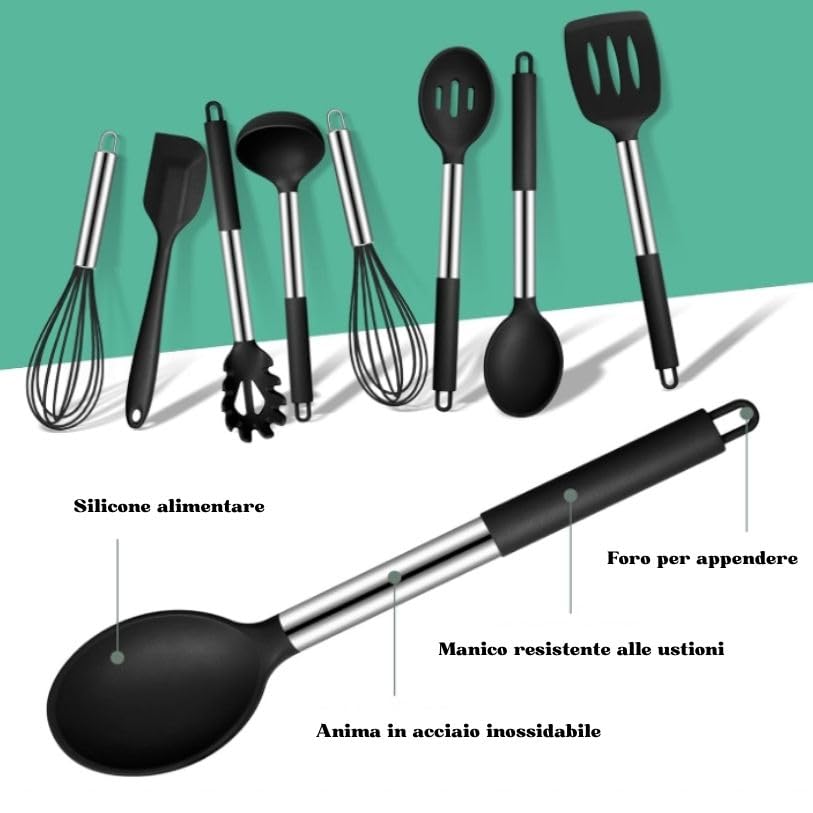 TINA&CO Set di utensili da cucina in silicone 15 pezzi con manico in acciaio inox, resistenti al calore, antiaderenti, spatole grandi, lavabili in lavastoviglie (rosso)