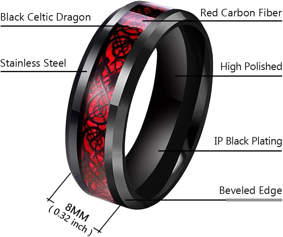Men's Celtic Dragon Ring 8MM Silver/Black/Blue/Red/Gold Carbon Fiber Stainless Steel Wedding Band for Men Women Engagement Bands High Polished Beveled Edges Promise Rings Comfort Fit Size 5-13 - Image 2