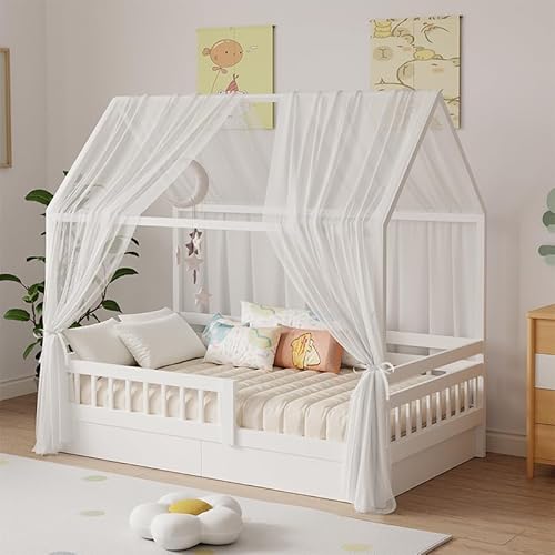 Zdada Hausbett Himmel Set, 2 Stück Betthimmel Hausbett für Hausbett Deko, Bett Vorhang für Mädchen Jungen Kinderbett Kinderzimmer Deko,150 x 350 cm Weiß