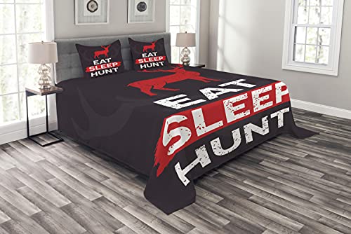 Ambesonne Hunting Bedspread, Eat Sleep Hunt Inspirational Words Grunge Retro Deer Silhouette Antlers, Decorative Quilted 3 Piece Coverlet Set with 2 Pillow Shams, Queen Size, Eggplant Scarlet