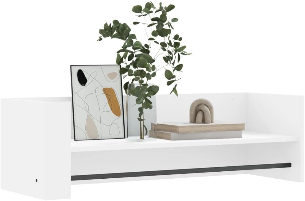 Ірі план view of the Generic Wall Shelf, showing decorative items and a plant on its surface.