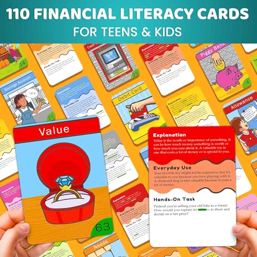 QUOKKA Financial Literacy Flash Cards for Teens – 110 Cards Teaching Kis About Money Management, Budgeting, Savings – Easy Money Games for Kids Ages 12+ – Fun Financial Literacy Games and Learning