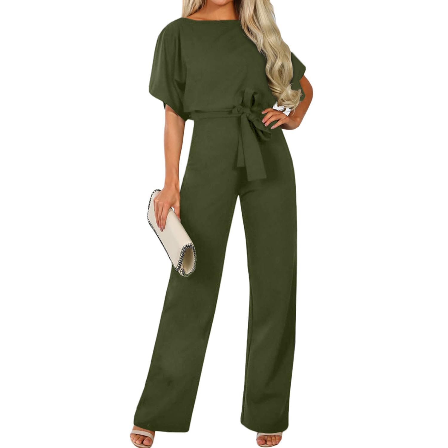 Bipily Mono Para Mujer Elegante Mono de Manga Corta Pantalones Mono Informal Suelto con Cinturón