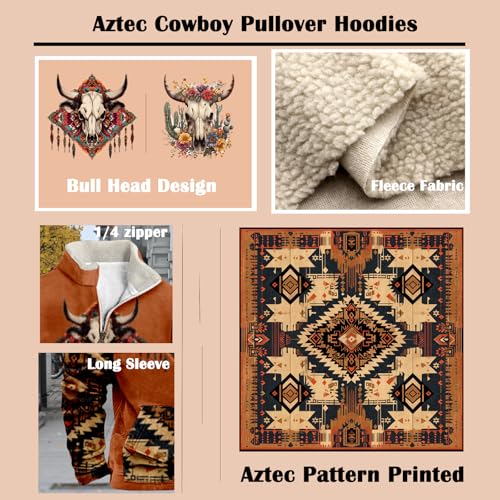 Bengbobar Men's Western Fleece Jacket Cowboy Bull Head Print Pullover 1/4 Zip Stand Collar Long Sleeve Country Sweatshirts4