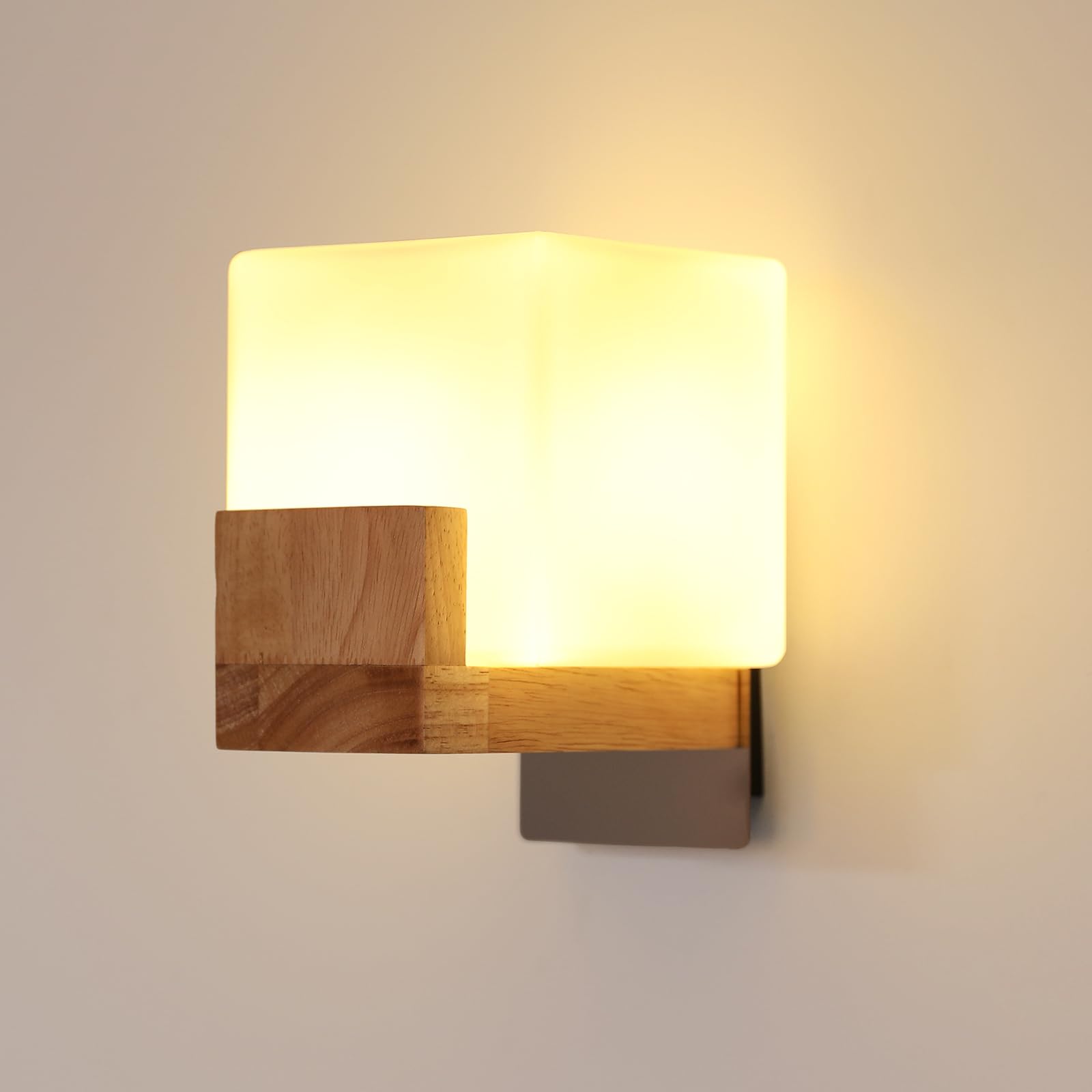 DELIPOP Aplique de Pared Interior de Madera, Lámpara de Pared G9 con Pantalla de Vidrio, Vintage Luz de Pare Ajustable 3 Temperatura de Color para Sala de Estar, Dormitorio, Escalera, 1*Bombilla G9