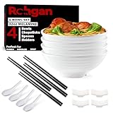 ROHGAN 32 oz Melamine Ramen Bowl Set – Japanese Pho Bowls with Spoons, Chopsticks & Holders – 20-Piece Noodle, Udon & Soup Dinnerware – Durable & Dishwasher-Safe – White