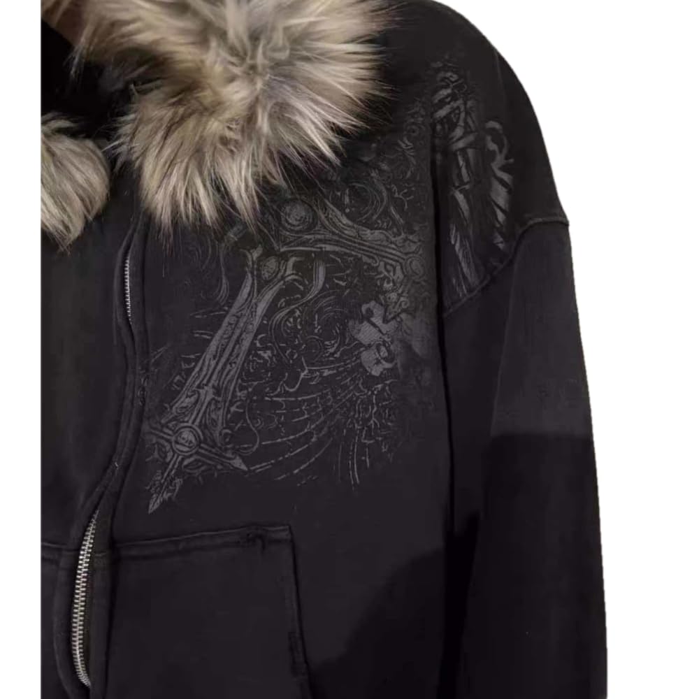 ZBDZSW Street Fashion Inverno personalità Stampa Design Cerniera Felpa con Cappuccio Donna Y2k Harajuku Vintage Collo in Pelliccia Calda Giacca Larga