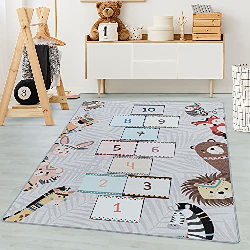 Carpetsale24 Kinderteppich Grau 140x200 cm Hüpfkästchen Design Modern rutschfest Waschbar Pflegeleicht Extra Weich Antiallergen Babyteppich Kinderzimmer Jungen Mädchen