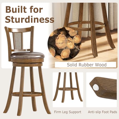 COSTWAY Butaco Silla de Barra Set de 4, Madera Maciza de Caucho con Asiento Giratorio y Tapizado en Cuero Sintético, Respaldo Curvado de PE Rattan, Marrón, Altura de Asiento 30” miniatura 7