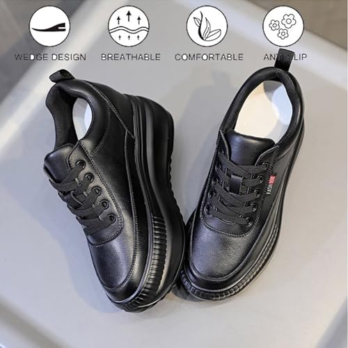 JAOOUU Damen Sneaker mit Keilabsatz Bequeme Turnschuhe mit Wedges aus Leder Modische Plateausohle Innere 9CM Erhöhung Schuhe für Frauen Freizeitschuhe - Afbeelding 3