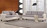 Classic 2 Tone Linen Fabric and Bonded Leather Sofa and Loveseat Living Room Set (White/Grey)