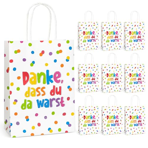 COMOOKA 10 Stück Geschenktüten mit Henkel Kindergeburtstag Papiertüten zum Befüllen Mitgebsel Tüten Geburtstagstüten Kinder Kindergeburtstag Danke Geschenktasche für Party Gastgeschenke Bunt
