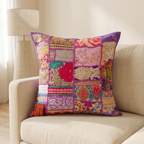 Image of Ravaiyaa - Attitude is everything Set of 5 Handmade Khambadiya Patchwork Cotton Cushion Cover 16X16 Inch | Decorative Cotton Throw Pillow Covers | Bohemian Vintage Embroidered Sofa Cushions