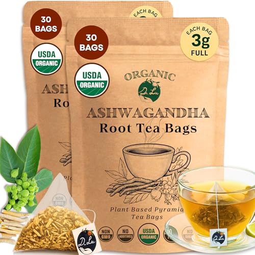 2 Pack of Dr. Lu's Organic Ashwagandha Tea | Natural Calm &amp; Stress Support | 60 x 3g Full Strength Corn Fiber Pyramid Bags (No Plastic, No Nylon)