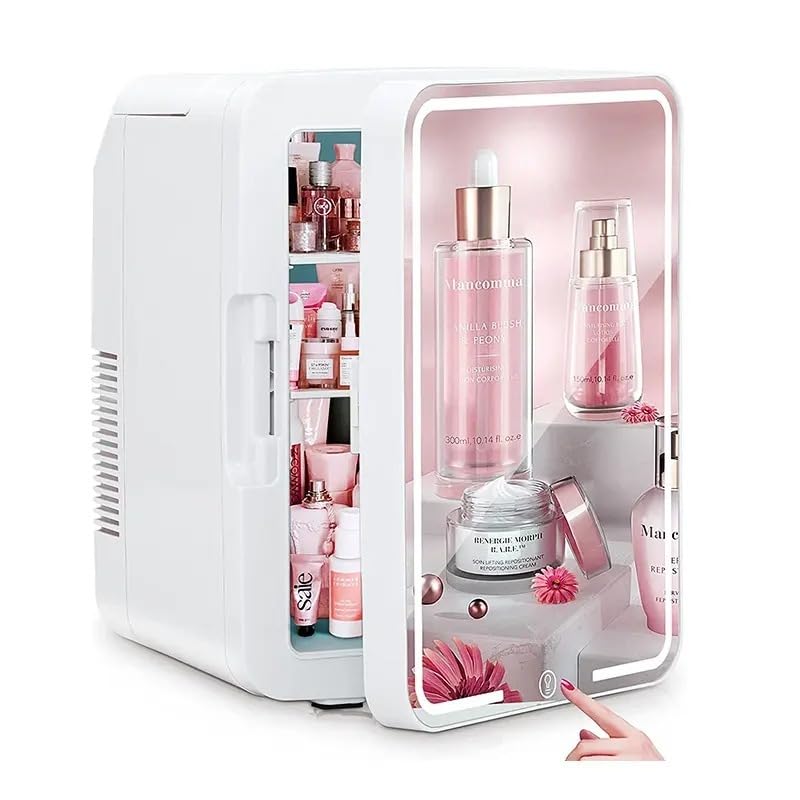 Image of KINZILLA Skincare Fridge with Mirror and Lighting, 4L Mini Fridge Beauty Cooler for Storing Make-Up, Skincare, Coolers and Face Masks, Cooling and Heating