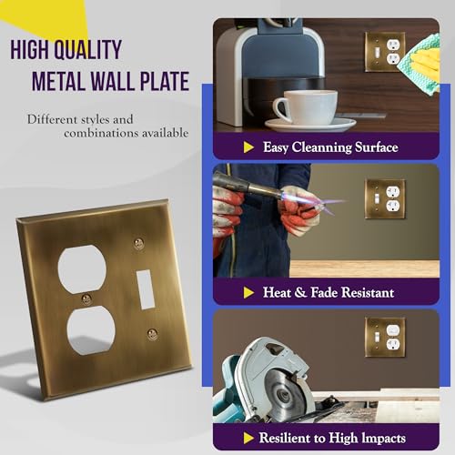 Image of ENERLITES Combination Toggle Switch and Duplex Receptacle Metal Wall Plate, Stainless Steel 201 Outlet Cover, Corrosion-Resistant, Standard Size 2-Gang 4.50 inch x 4.57 inch, 771121-AB, Antique Brass