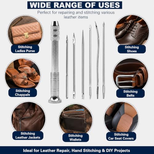 Image of Paritirth 7-in-1 Sewing Awl and Needle Set, Stainless Steel Leather Stitching Repair Tool Kit for Shoes, Bags, Canvas, Upholstery & DIY Craft