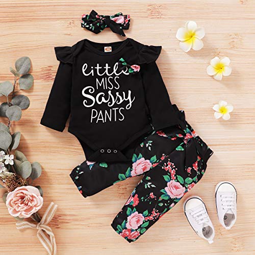 Image of NZRVAWS Newborn Baby Girl Clothes Long Sleeve Ruffle Romper Bodysuit Floral Halen Pants Bowknot Headband 3pcs