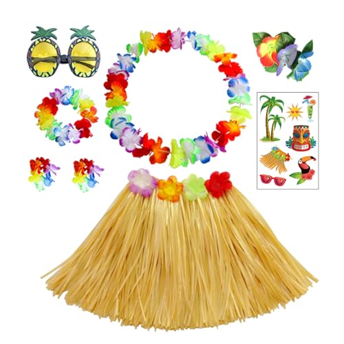 HBell Juego de 8 piezas de disfraz de falda hawaiana de hula de 40 cm, falda de hierba hawaiana, ocio hawaiano, gafas de piña para niños, suministros de disfraces, decoración de fiesta tropical de