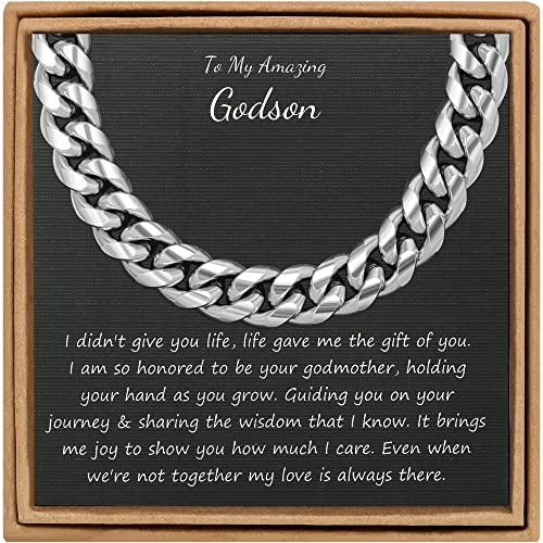 Image of JoycuFF Gifts for Godson from Mom Dad for Birthday Graduation Necklace Inspirational Men Cuban Link Chain Silver Stainless Steel Hip Hop Chain 10MM 18 Inches