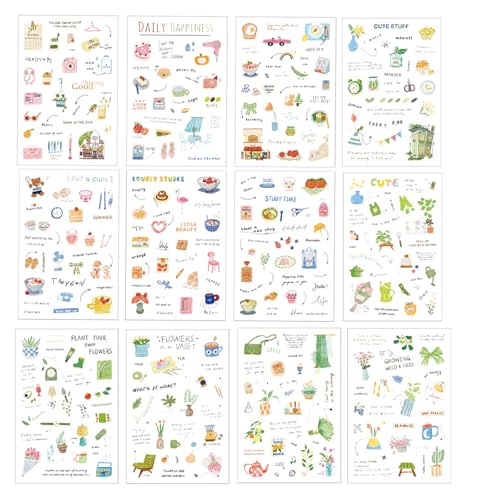2 Sets de Pegatinas Scrapbooking y Journaling Aesthetic, Materiales Scrapbooking de Flores y Escenas Cotidianas, Stickers Decorativas para Álbum de Fotos, Agenda y Manualidades, 10x15cm