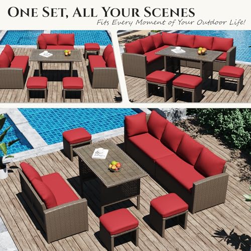 Image of U-MAX 7 Pieces Patio Furniture Set, Outdoor Sectional Sofa Conversation Set, All Weather Wicker Rattan Dining Table & Chair with Ottoman, Brown Rattan&Red Cushion
