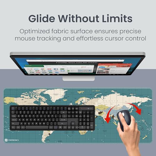 Image of Portronics Comfipad Atlas World Map Desk Mat 80x30cm Extended Mouse Pad with Anti-Slip Rubber Base, Stitched Edges, Smooth Fabric Surface, Waterproof, Rollable Desk Pad for Office, Gaming, Blue