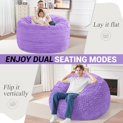 Image of 4FT Bean Bag Chair,Giant Bean Bag Chairs for Adults,Big Bean Bags with Memory Foam Filled, Large Beanbag Chairs with Chevron Plush Cover-Purple