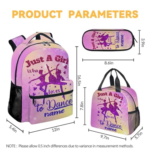 Custom Girls Backpack with Lunch Box Pencil Case, Dance Backpacks Matching Combo for Kids, Personalized Pink Bookbag and Lunch Bag Pencil Pouch Bundle, Back to School Gift4