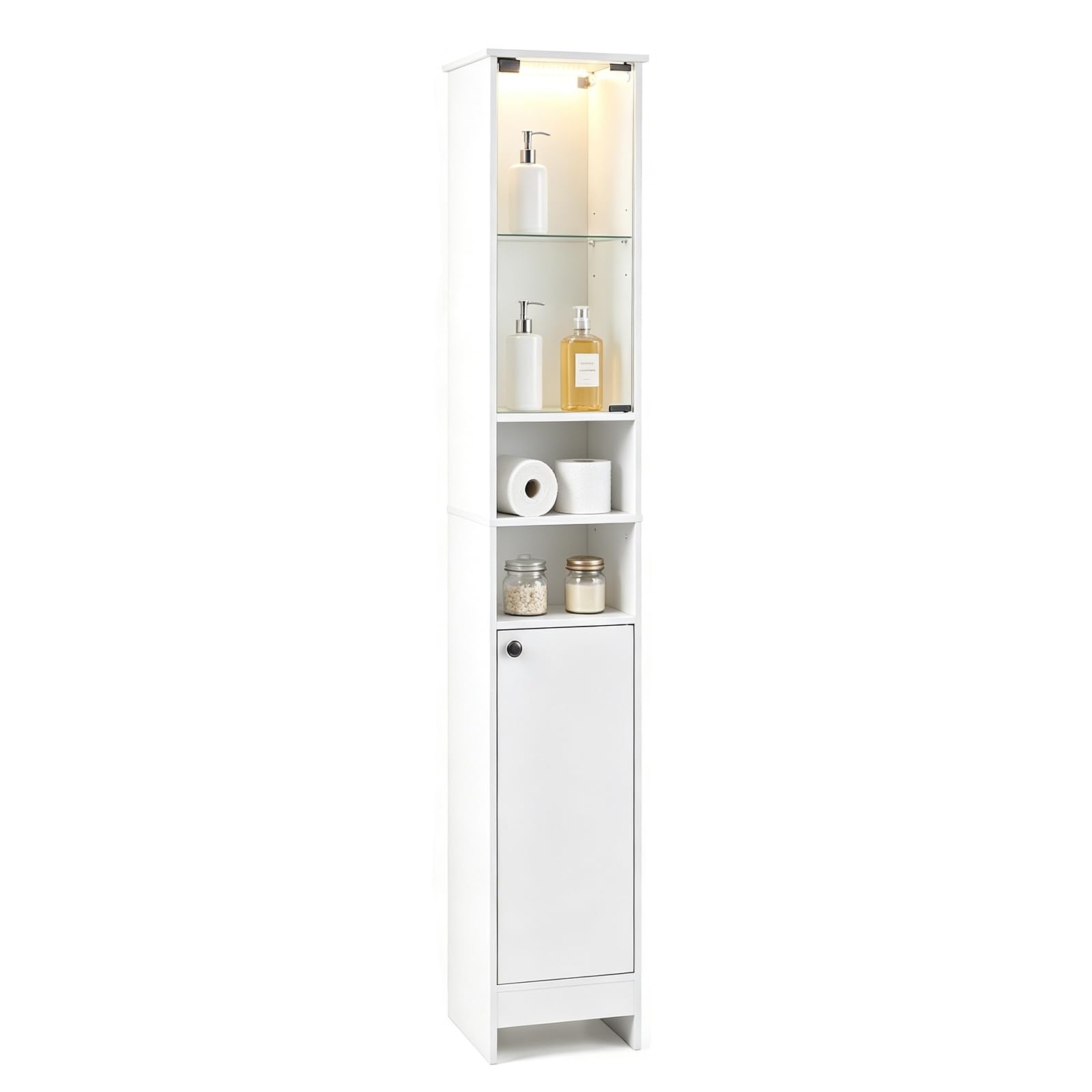 LIFEZEAL Mobile Bagno con LED, Telecomando, 30 x 30 x 170 cm (Bianco) | Colonna di Stoccaggio Stretto Alto con Porta in Vetro Temperato, Ripiani Regolabili, Armadio su Piede per WC Cucina Soggiorno