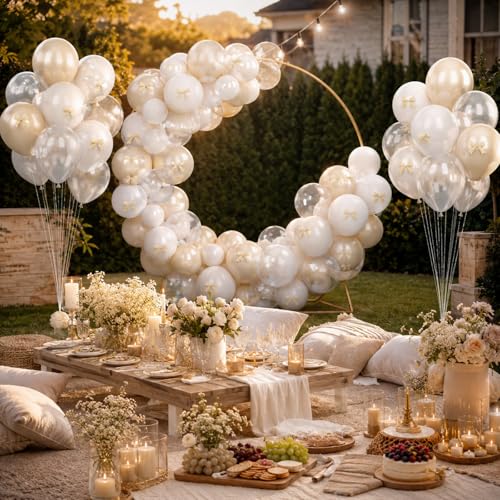 Image of Pearl White Balloons with Bow, 50Pcs 12 Inch Pearl Sand Transparent Latex | Beige Cream Sand Pearl Clear Balloons for Boho Bridal Wedding Anniversary Birthday Baby Shower and Bachelor Party Decor