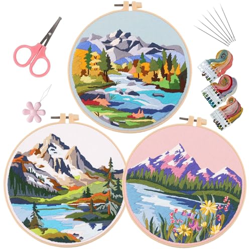 Image of EOBTAIN 3 Sets Embroidery Kit for Beginners Adults Mountain Scene Hand Stamped Embroidery Practice Kits Cross Stitch Set with Embroidery Hoop,Needles and Threads,DIY Gifts at Home Embroidery Kit