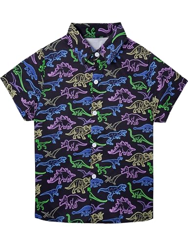 Image of Boys Hawaiian Shirt Kids Button Down Aloha Beach Hawaii Tops 5-14Y | Quick Dry, Breathable, Cooling & Lightweight, For Summer Vacation Holiday, Fourth of July, Youth, Teen, Shark, Dinosaur