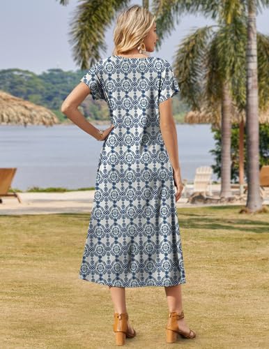 Image of Zeagoo Women Summer Floral Dress Short Sleeve Beach Dress with Pockets Casual V-Neck Split Long T-Shirt Dress Travel Vacation
