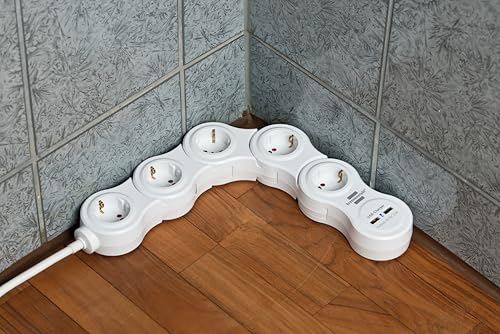 Brennenstuhl Vario Power Steckdosenleiste mit USB-Ladefunktion/Bewegliche Steckdosenleiste 5-Fach (1,4m Kabel, mit Schalter und 2 USB Ladebuchsen) weiß