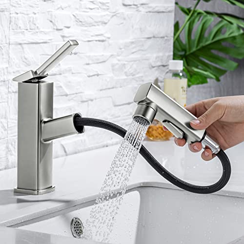 Top 10 Picks for the Best Faucet for Small Bathroom Sink 3 HANLIAN Single Hole Bathroom Pull Out Faucet with Rotating Spout, One Handle Faucet for Bathroom Sink, Modern Bathroom Faucet with Pull Down Sprayer, 3 Modes Vanity Faucets (Brushed Nickel, Regular)