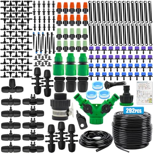 NINGESHOP Sistema de Riego Jardín,292 PCS Sistema de Riego por Goteo,45 M + 15 M Kit Riego con Ajustable Boquilla Aspersor Pulverizador y Gotero Automatico para Jardin Invernadero Plantas de Patio